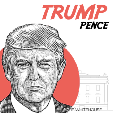 Hand drawn image of US president-elect Donald Trump on a red circle, with his surname and that of his running mate, Mike Pence, at the top of the image.