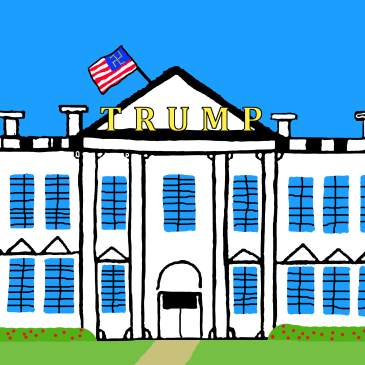 Picture of the White House with 'TRUMP' written above the door in large gold letter. The US flag features the stars making a swastika.